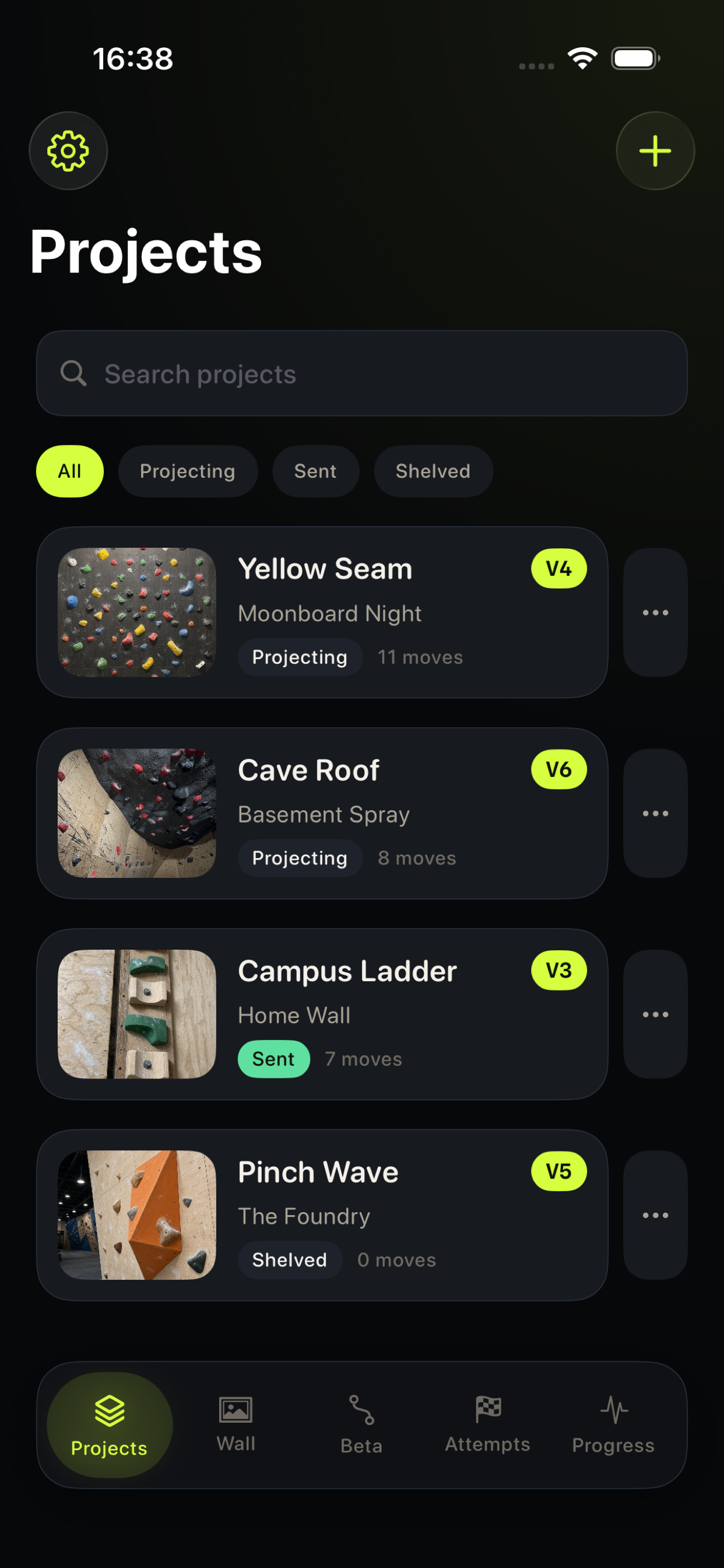 Project list in ClimbSketch